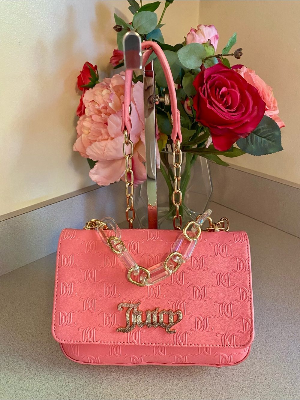 Juicy Couture Hot Pink Embossed Mini Shoulder Bag with Gold Chain
